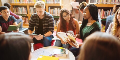 Diverse group of students studying in a library, reading books together. Students engaged in...