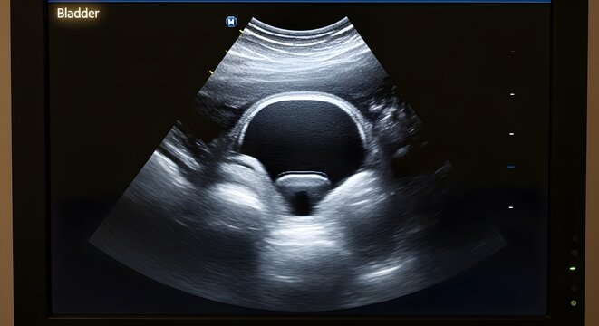 A medical diagnostic ultrasound scan showing a clear view of a human bladder on a professional monitor display in a hospital or clinic.