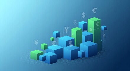 Dynamic 3D bar chart with currency symbols on blue background