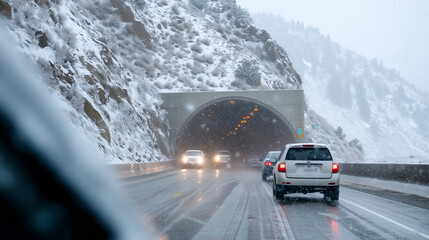 A tunnel exit on a mountain highway with cars emerging into blizzard conditions, tire marks zigzagging on the icy road, headlights cutting through snow