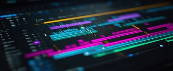 The audio editing timeline displaying colorful multitrack waveforms and dynamic interface details