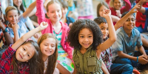 Fototapeta premium Diverse group of children smiling and raising hands. Happy kids, boys and girls, enjoying together. Multicultural children, joyful and engaged in activity. Cute little diverse kids smiling at camera.