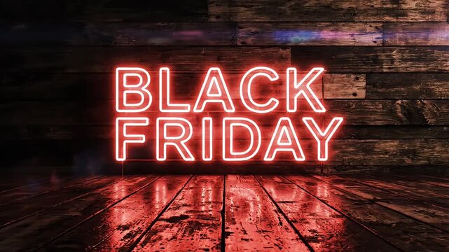 Black Friday Sale Event 4K Video, Illuminated Neon Signage on Wooden Background