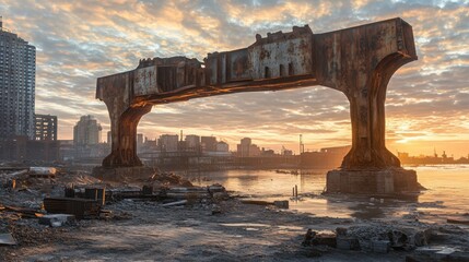 Collapsed concrete and steel support beams of an ancient overpass bridge frame a ruined urban cityscape at sunrise with a moody sky overhead reflecting on the polluted river below