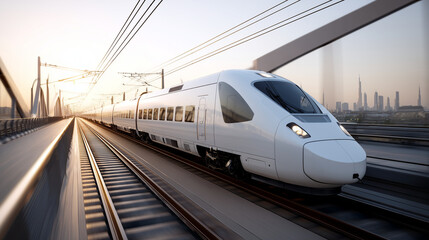 Obraz premium High-speed train on bridge at sunset, 3D render visualization, railway transportation, modern transit, urban mobility, commuter system, dramatic lighting, defocused background, wit