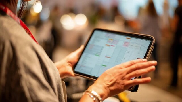 Medium shot of an event coordinator reviewing an AIgenerated schedule on a tablet showcasing efficient timing and agenda management