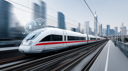 Fototapeta premium Futuristic high-speed train travels to tech future, modern train moves fast on tracks, cityscape background, wireless network system concept, hologram effect, fast transit, defocus