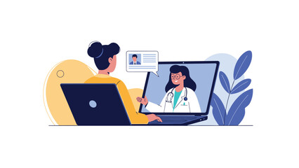 Patient consults with a female doctor online via a laptop video call to receive medical advice and treatment from the comfort of her home.