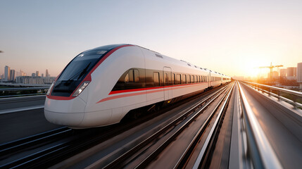 High-speed train on bridge at sunset, 3D render visualization, railway transportation, modern transit, urban mobility, commuter system, dramatic lighting, defocused background, wit