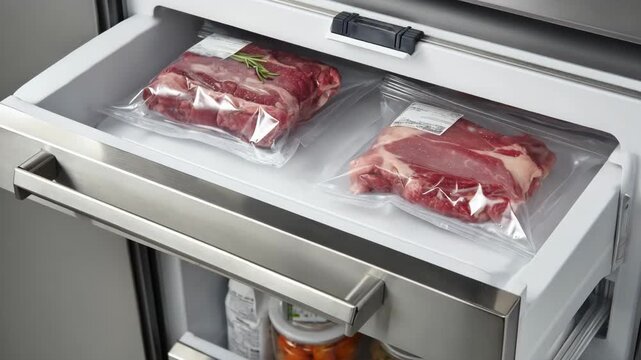 Medium shot of modified atmosphere packaging MAP with controlled gases surrounding meat emphasizing spoilage reduction and quality preservation.