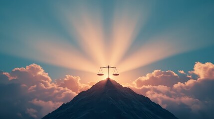 Obraz premium A majestic mountain with a scale symbol at its peak, illuminated by a radiant sunrise, symbolizing balance and justice.