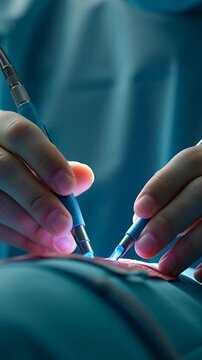 Surgeon's hands in blue gloves performing precise laser surgery with advanced medical technology