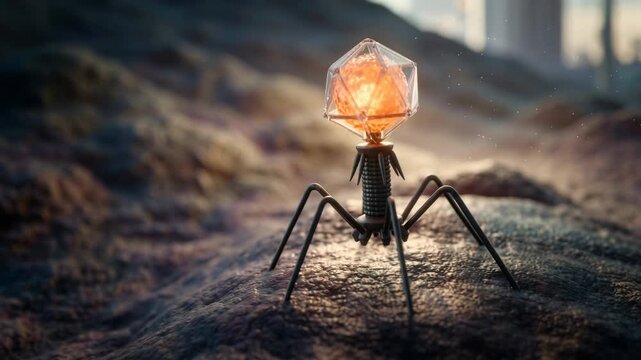 Mechanical bacteriophage robot perches on a rough rocky surface with a glowing crystal head casting warm amber light. Close-up perspective shows metallic legs, coils and textured ground. Moody ambient