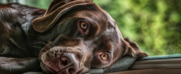The chocolate Labrador retriever lying by a window with soft natural light