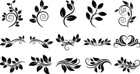 Floral decorative swirl leaf ornaments collection with botanical vines and elegant foliage elements black vector illustration set © Salman