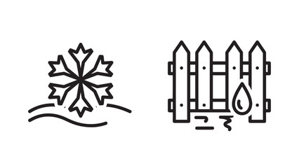 Snowflake icon with wavy ground and a wooden fence with a water droplet, illustrating winter conditions.