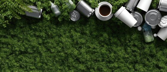 Recycling items arranged on green grass with space for text or images showing environmental awareness and sustainability