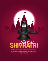 Maha Shivratri Poster with Shivling and Temple Silhouette on Sacred Night Background