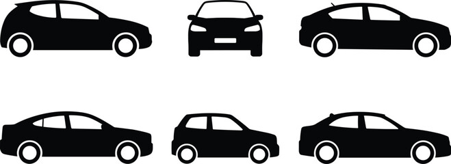 Set of 6 car silhouette icons including hatchback, sedan, and compact styles, ideal for automotive and transport design themes. © Sharon 