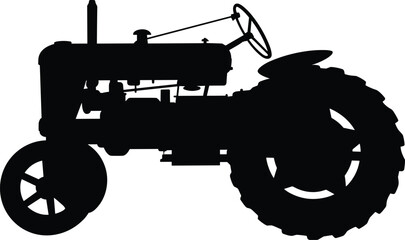 Vintage farm tractor silhouette illustration isolated on white background, classic agricultural machinery side view, rural farming equipment concept, retro vehicle design © Sharon 