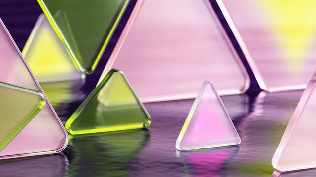 Animated translucent triangular glass prisms slowly slide and drift across a rippling reflective dark surface, glowing in soft pastel green, pink, and yellow with iridescent highlights