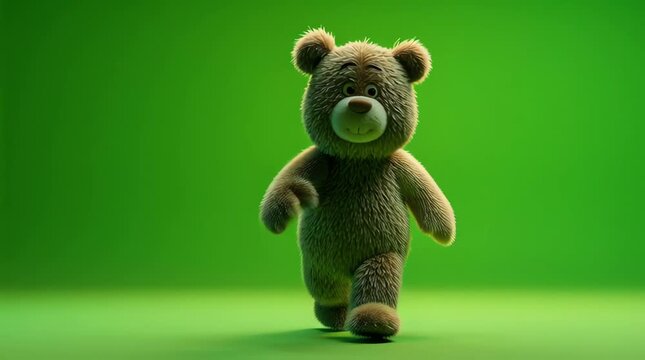 Adorable brown teddy bear with soft fur playfully walking forward on a vibrant green studio background, embodying childhood joy and gentle companionship