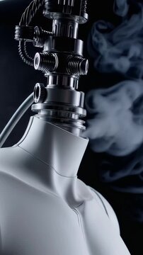 Robot with a futuristic bionic neck joint smoking and exhaling smoke into the dark studio, symbolizing technological addiction, artificial intelligence, and human like vices in the future