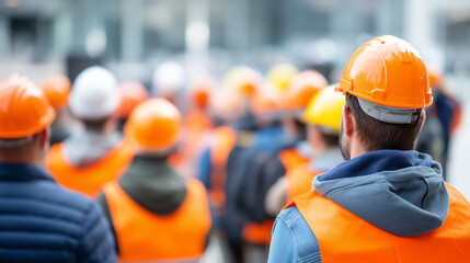 Group faceless construction workers gathering, industrial meeting, safety briefing, workplace assembly, team coordination, professional gathering, building site education, defocuse