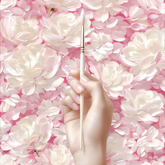 Painter&rsquo;s hand holding a brush over soft pastel canvas, blurred palette in background.