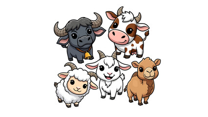 Obraz premium Adorable collection of five cartoon farm animals including a cow, goat, sheep, buffalo, and camel.