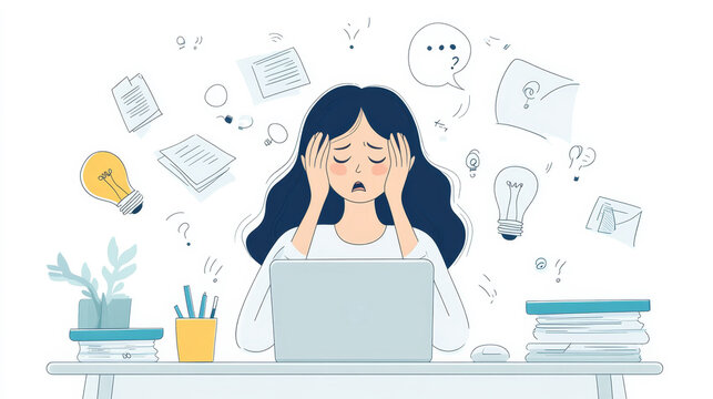 Flat illustration depicting the anxiety and frustration of working women facing work pressure.