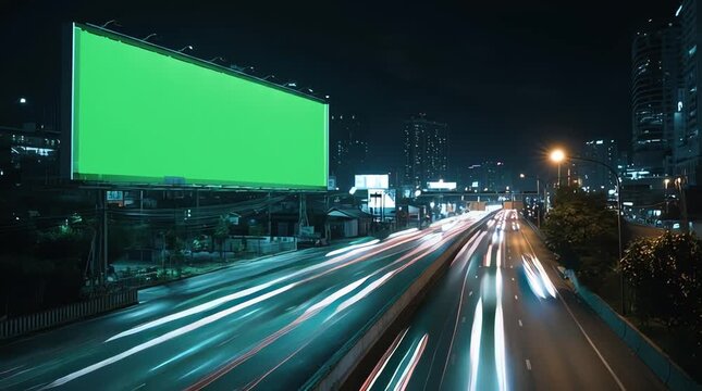 Nighttime highway billboard with green screen and light trails from passing cars, advertising space
