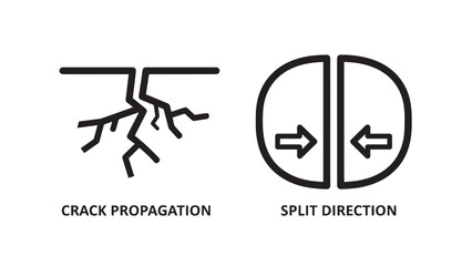 Black and White Icons: Crack Propagation and Split Direction Arrows, Illustrating Division and Separation Concepts