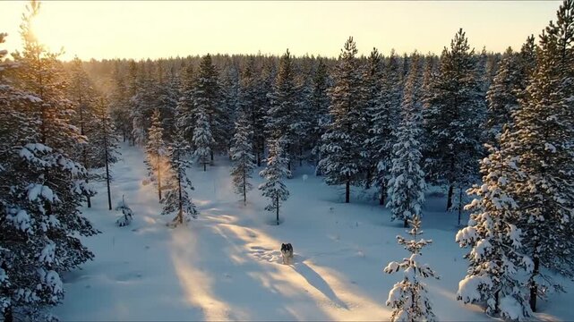 Dynamic aerial shot following a wolf's swift movement across a frozen river or icy terrain, showcasing its agility and adaptation to harsh, beautiful environments.