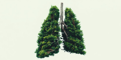 Surreal illustration of human lungs formed from green forest trees. Concept of clean air, health and deep connection between nature and life