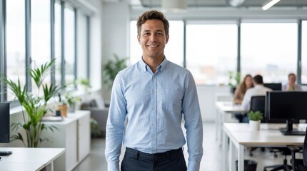 Confident Businessman Smiling in Modern Open Plan Office