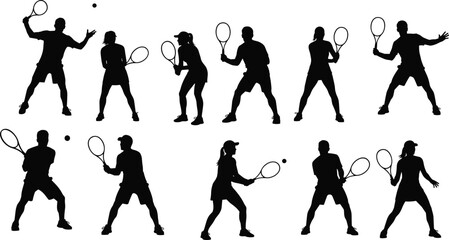 Fototapeta premium Silhouette set of tennis players in dynamic action poses with rackets and balls, ideal for sports design, technique illustration, or motion studies.