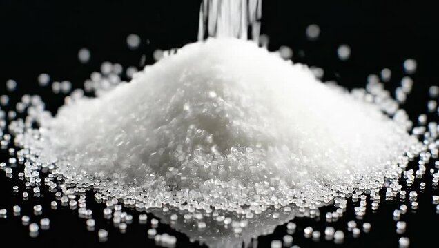Close-up of sugar falling on a glossy black surface | Ultra-high detail and sharpness