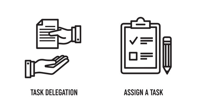 Icons representing task delegation and assigning tasks, showing hands exchanging documents and a checklist on a clipboard.