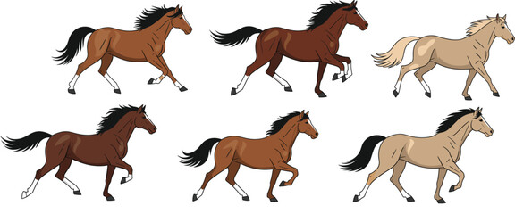Obraz premium Running horse vector illustration set with different colors and dynamic poses isolated on white background