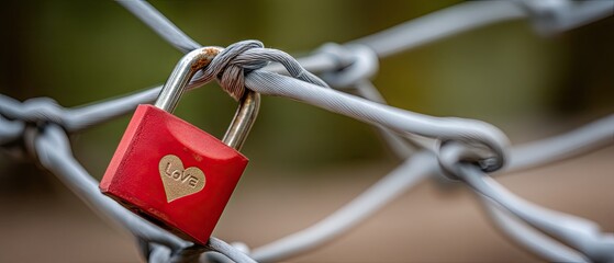 Close-up of a red love padlock on a wire mesh gate symbolizing love and commitment on Valentine's Day