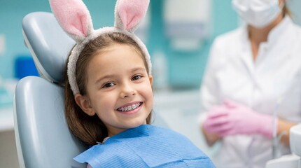 Fototapeta premium A smiling girl with pastel braces and a fluffy bunny headband sits in a modern dental chair wearing a blue bib while a blurred dentist in a white coat attends in the background under soft high-key lig