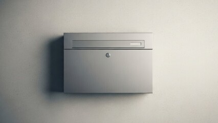 Sleek wall mounted silver metallic mailbox on a light textured concrete wall background