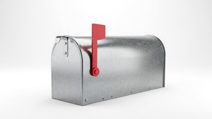 Shiny Galvanized Metal Mailbox with Red Flag Down Standing on White Background
