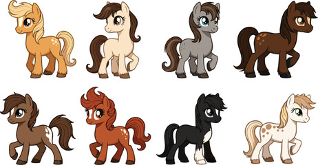 Cute cartoon pony characters set in different colors and poses, adorable fantasy horse vector illustration collection