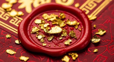 Fototapeta premium Luxury Red Wax Seal Filled with Gold Flakes on Festive Chinese Background