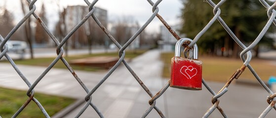 Red love padlock with heart symbol hangs on fence in park showing promise and devotion with blurred background of trees and buildings