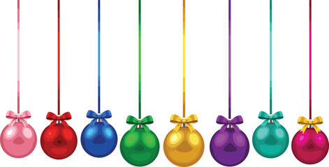 Colorful hanging Christmas ball ornaments with ribbons, glossy festive decorations set isolated on white background