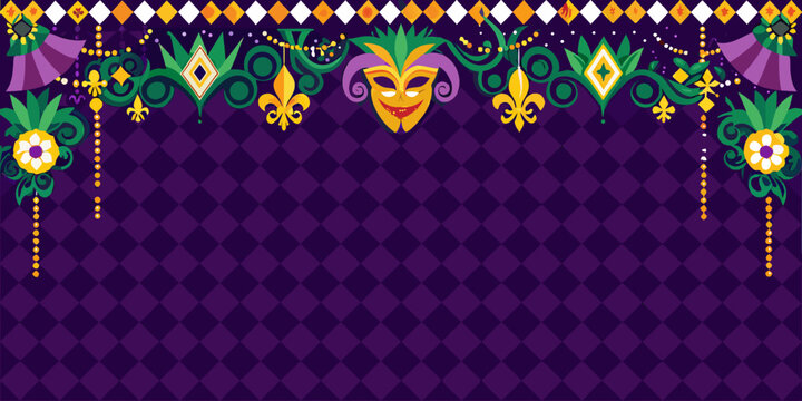 mardi gras colorful mask and fleur de lis on purple background