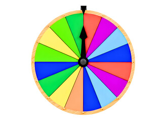 Obraz premium Brightly colored prize wheel with black arrow and multiple segments for decision making isolated on transparent background